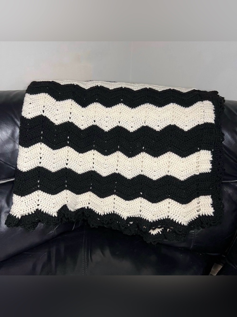 Handmade Chevron Knitted Blanket Black & Cream 84” x 68”